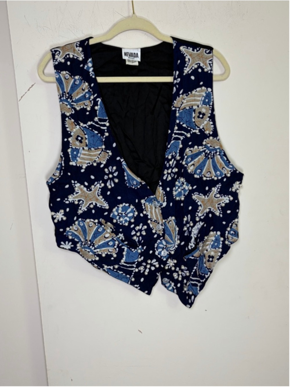 Vintage Nevada Blues Ocean Coastal Starfish Pearl Beaded Crop Vest Size L